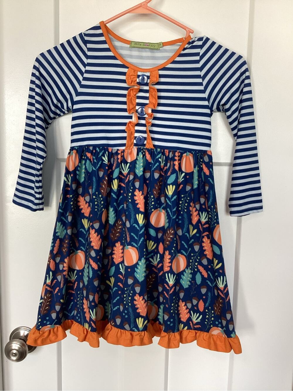 Millie Loves Lily Blue/White Fall Dress Girls Size 6 pumpkin Halloween autum